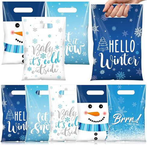 Pasimy 50 Pcs Hello Winter Gift Bags Winter Snowflake Drawstring Plastic Bag Bulk Winter Snowman Treat Bags with Ties Frozen Gift Wrapping Sacks for Winter Xmas Birthday Party Favors Supplies in Saudi Arabia