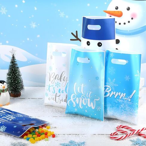 Pasimy 50 Pcs Hello Winter Gift Bags Winter Snowflake Drawstring Plastic Bag Bulk Winter Snowman Treat Bags with Ties Frozen Gift Wrapping Sacks for Winter Xmas Birthday Party Favors Supplies in Saudi Arabia