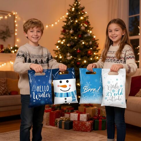 Pasimy 50 Pcs Hello Winter Gift Bags Winter Snowflake Drawstring Plastic Bag Bulk Winter Snowman Treat Bags with Ties Frozen Gift Wrapping Sacks for Winter Xmas Birthday Party Favors Supplies in Saudi Arabia
