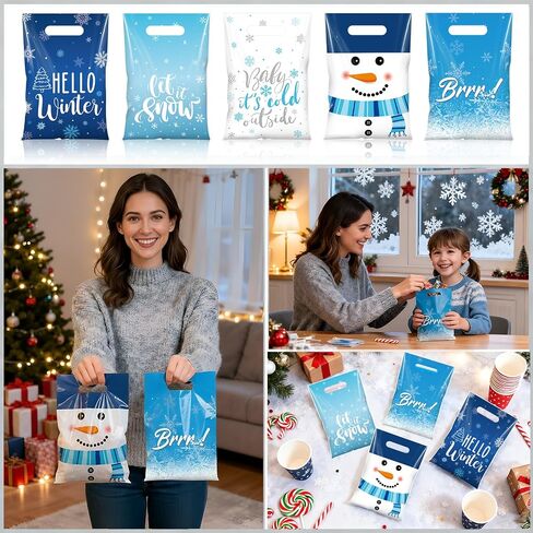 Pasimy 50 Pcs Hello Winter Gift Bags Winter Snowflake Drawstring Plastic Bag Bulk Winter Snowman Treat Bags with Ties Frozen Gift Wrapping Sacks for Winter Xmas Birthday Party Favors Supplies in Saudi Arabia