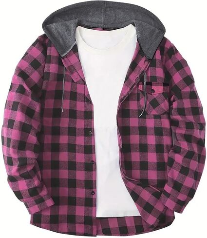 Men's Plaid Flannel Hoodie Shirts Casual Fall Lightweight Long Sleeve Button Down Hooded Shacket Jacket with Pocket in Saudi Arabia