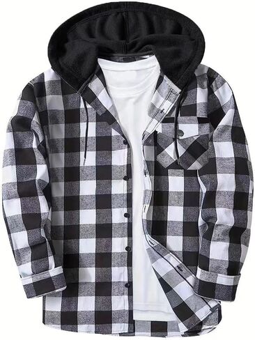 Men's Plaid Flannel Hoodie Shirts Casual Fall Lightweight Long Sleeve Button Down Hooded Shacket Jacket with Pocket in Saudi Arabia