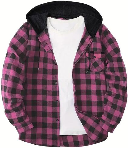 Men's Plaid Flannel Hoodie Shirts Casual Fall Lightweight Long Sleeve Button Down Hooded Shacket Jacket with Pocket in Saudi Arabia