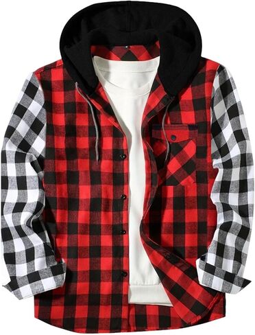 Men's Plaid Flannel Hoodie Shirts Casual Fall Lightweight Long Sleeve Button Down Hooded Shacket Jacket with Pocket in Saudi Arabia