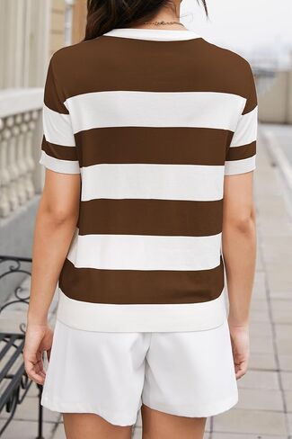 سترة نسائية مخططة من DAIMIDY بأكمام قصيرة ورقبة دائرية وبلوزة محبوكة بألوان متعددة in Kuwait