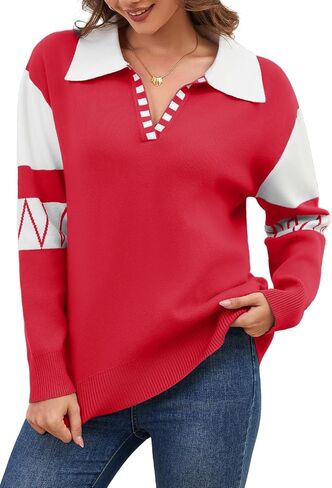 ANCAPELION V Neck Sweaters for Women Long Sleeve Colorblock Striped Knitted Pullover Fall Loose 2025 Trendy Jumper Tops in Saudi Arabia