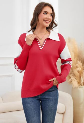 ANCAPELION V Neck Sweaters for Women Long Sleeve Colorblock Striped Knitted Pullover Fall Loose 2025 Trendy Jumper Tops in Saudi Arabia