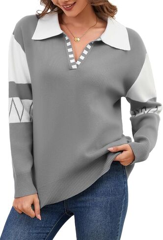 ANCAPELION V Neck Sweaters for Women Long Sleeve Colorblock Striped Knitted Pullover Fall Loose 2025 Trendy Jumper Tops in Saudi Arabia