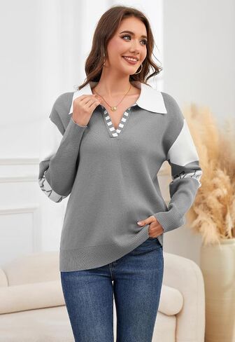 ANCAPELION V Neck Sweaters for Women Long Sleeve Colorblock Striped Knitted Pullover Fall Loose 2025 Trendy Jumper Tops in Saudi Arabia