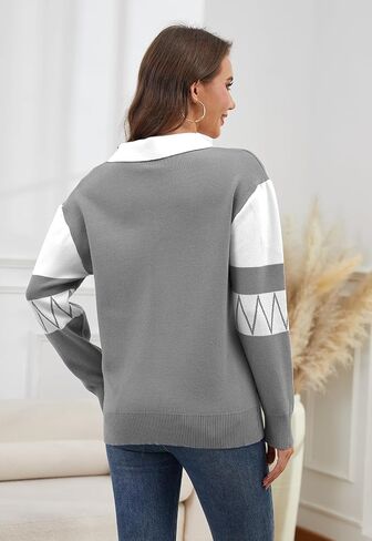 ANCAPELION V Neck Sweaters for Women Long Sleeve Colorblock Striped Knitted Pullover Fall Loose 2025 Trendy Jumper Tops in Saudi Arabia
