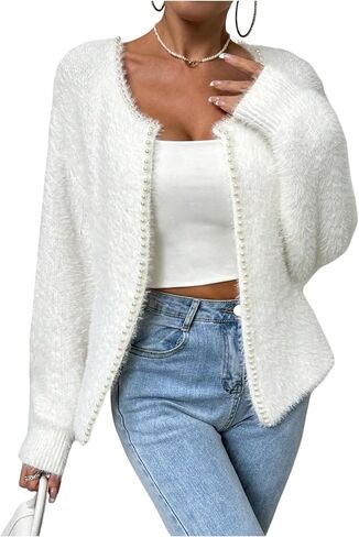 SOLY HUX Women's Fuzzy Open Front Cardigan Elegant Pearl Long Sleeve Dressy Casual Sweaters Outerwear in Saudi Arabia
