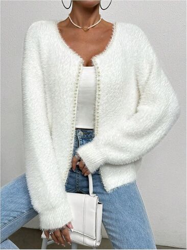 SOLY HUX Women's Fuzzy Open Front Cardigan Elegant Pearl Long Sleeve Dressy Casual Sweaters Outerwear in Saudi Arabia