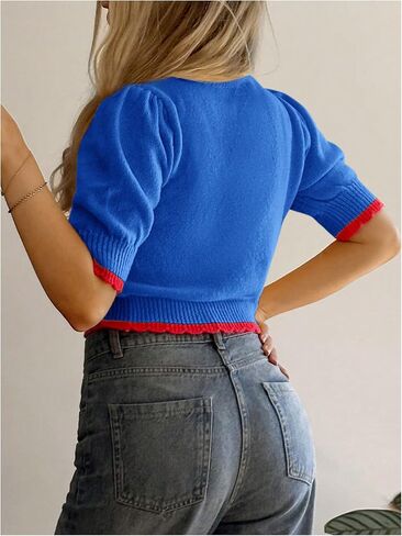 WDIRARA Women's Cute Cherry Sweater Mock Neck Puff Short Sleeve Sweaters Knit Crop Tops in Saudi Arabia