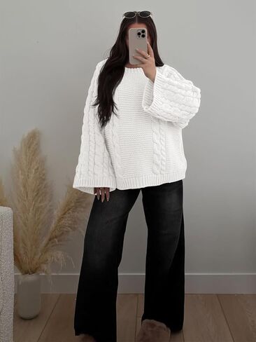 Yousify Womens Oversized Cable Knit Sweaters Long Sleeve Crewneck Casual Fall Chunky Pullover Vintage Loose Fit Sweater Tops in Saudi Arabia