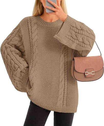 Yousify المرأة المتضخم كابل متماسكة البلوزات طويلة الأكمام Crewneck عادية الخريف مكتنزة البلوز خمر فضفاضة تناسب سترة القمم in Kuwait
