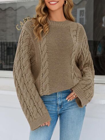 Yousify المرأة المتضخم كابل متماسكة البلوزات طويلة الأكمام Crewneck عادية الخريف مكتنزة البلوز خمر فضفاضة تناسب سترة القمم in Kuwait