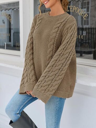 Yousify المرأة المتضخم كابل متماسكة البلوزات طويلة الأكمام Crewneck عادية الخريف مكتنزة البلوز خمر فضفاضة تناسب سترة القمم in Kuwait