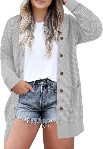 Women's Plus Size Waffle Knit Cardigan Soft Casual Long Sleeve Front Button Tops with Pockets in Saudi Arabia