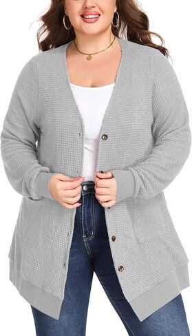 Women's Plus Size Waffle Knit Cardigan Soft Casual Long Sleeve Front Button Tops with Pockets in Saudi Arabia