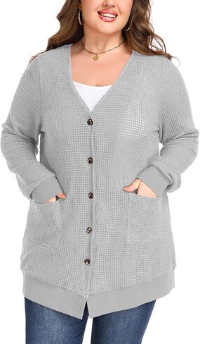 Women's Plus Size Waffle Knit Cardigan Soft Casual Long Sleeve Front Button Tops with Pockets in Saudi Arabia