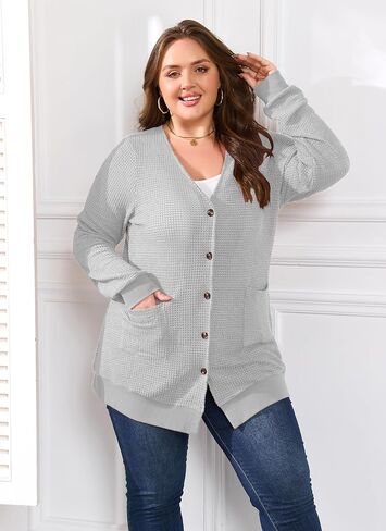 Women's Plus Size Waffle Knit Cardigan Soft Casual Long Sleeve Front Button Tops with Pockets in Saudi Arabia