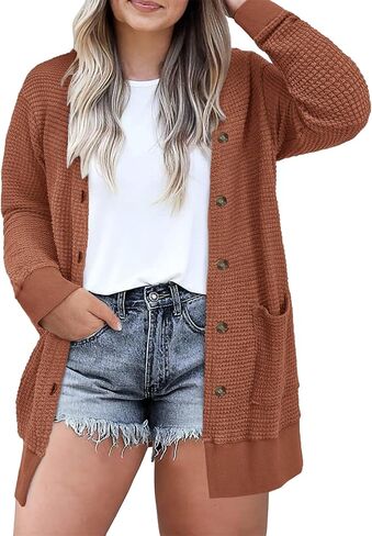 Women's Plus Size Waffle Knit Cardigan Soft Casual Long Sleeve Front Button Tops with Pockets in Saudi Arabia