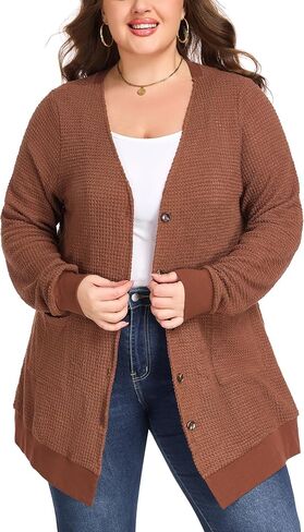 Women's Plus Size Waffle Knit Cardigan Soft Casual Long Sleeve Front Button Tops with Pockets in Saudi Arabia