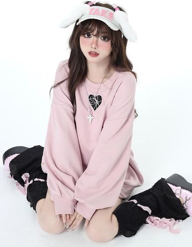 سويت شيرت نسائي لطيف مطبوع عليه قلب الحب Y2K ربطة عنق برباط علوي لطيف فضفاض كاجوال بأكمام طويلة in Kuwait