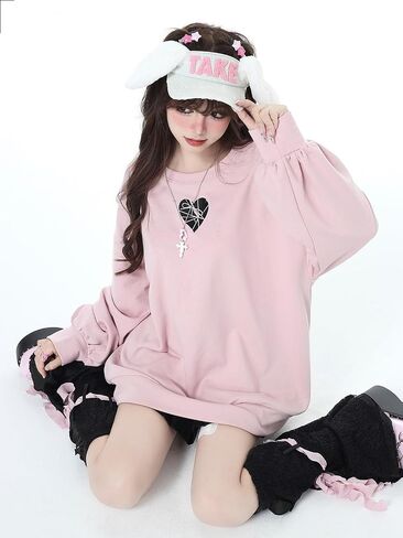 سويت شيرت نسائي لطيف مطبوع عليه قلب الحب Y2K ربطة عنق برباط علوي لطيف فضفاض كاجوال بأكمام طويلة in Kuwait