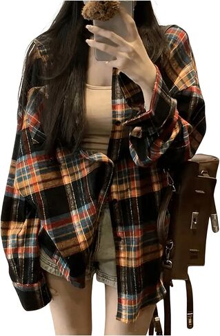 SHENHE Women's Plaid Button Down Shirt Oversized Shacket Long Sleeve Fall Casual Shirt in Saudi Arabia