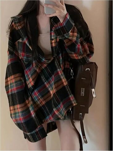 SHENHE Women's Plaid Button Down Shirt Oversized Shacket Long Sleeve Fall Casual Shirt in Saudi Arabia