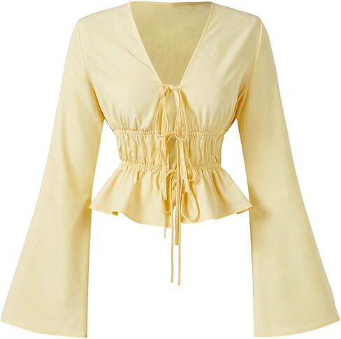 Milumia Women's Bell Long Sleeve Bow Tie Front Blouses Shirred Ruffle Hem Casual Tops in Saudi Arabia