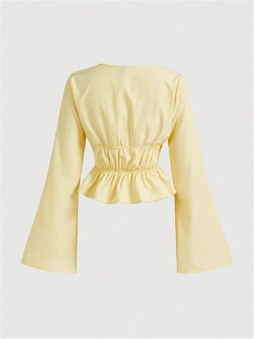 Milumia Women's Bell Long Sleeve Bow Tie Front Blouses Shirred Ruffle Hem Casual Tops in Saudi Arabia