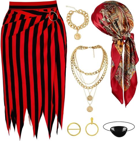 6 Pieces Pirate Costume Pirate Skirt Costume Women Pirat Open Design Skirt Dress Adults Head Scarf Hat Eye Patch Skeleton Necklace Earrings Pirate Accessories For Halloween Men Women Role Play in Kuwait