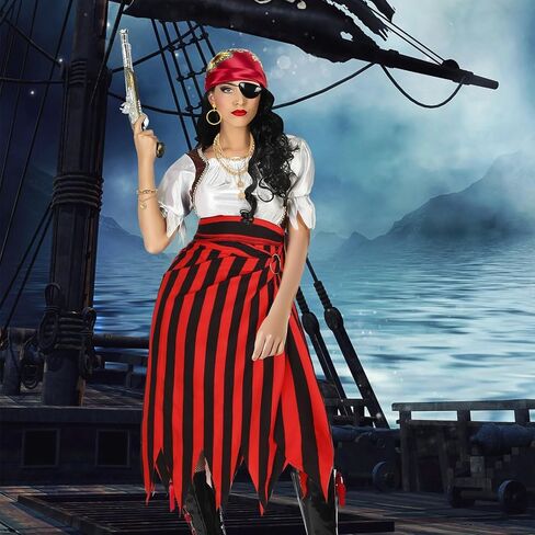 6 Pieces Pirate Costume Pirate Skirt Costume Women Pirat Open Design Skirt Dress Adults Head Scarf Hat Eye Patch Skeleton Necklace Earrings Pirate Accessories For Halloween Men Women Role Play in Kuwait