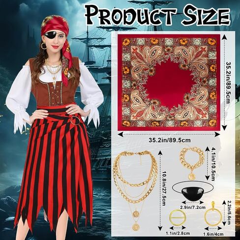 6 Pieces Pirate Costume Pirate Skirt Costume Women Pirat Open Design Skirt Dress Adults Head Scarf Hat Eye Patch Skeleton Necklace Earrings Pirate Accessories For Halloween Men Women Role Play in Kuwait
