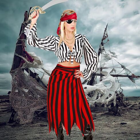 6 Pieces Pirate Costume Pirate Skirt Costume Women Pirat Open Design Skirt Dress Adults Head Scarf Hat Eye Patch Skeleton Necklace Earrings Pirate Accessories For Halloween Men Women Role Play in Kuwait