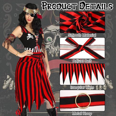 6 Pieces Pirate Costume Pirate Skirt Costume Women Pirat Open Design Skirt Dress Adults Head Scarf Hat Eye Patch Skeleton Necklace Earrings Pirate Accessories For Halloween Men Women Role Play in Kuwait