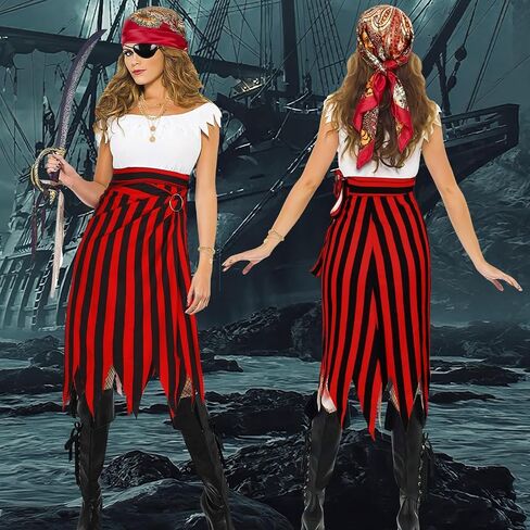 6 Pieces Pirate Costume Pirate Skirt Costume Women Pirat Open Design Skirt Dress Adults Head Scarf Hat Eye Patch Skeleton Necklace Earrings Pirate Accessories For Halloween Men Women Role Play in Kuwait