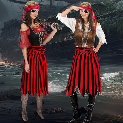 6 Pieces Pirate Costume Pirate Skirt Costume Women Pirat Open Design Skirt Dress Adults Head Scarf Hat Eye Patch Skeleton Necklace Earrings Pirate Accessories For Halloween Men Women Role Play in Kuwait