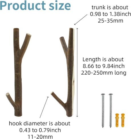 2Pcs Real Wood Tree Branch Double Wall Hooks, Farmhouse Rustic Decorative Wooden Without Bark Trunk Thickness 2cm-3cm with Screw in Kuwait