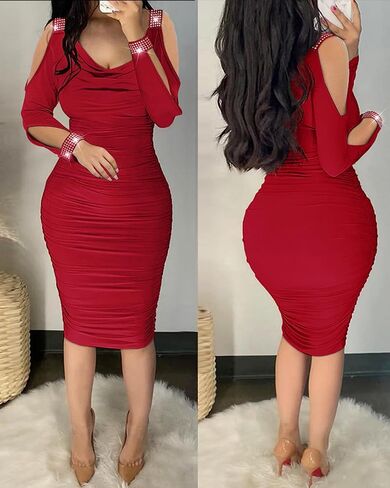 Womens Rhinestone Cold Shoulder Ruched Cowl Neck Bodycon Midi Dress Sexy Elegant Vintage Party Cocktail Club Date Office Wear in Saudi Arabia