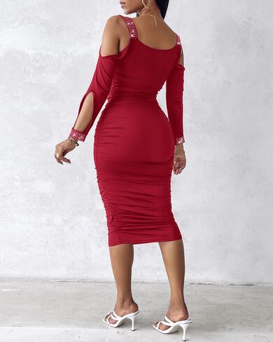 Womens Rhinestone Cold Shoulder Ruched Cowl Neck Bodycon Midi Dress Sexy Elegant Vintage Party Cocktail Club Date Office Wear in Saudi Arabia