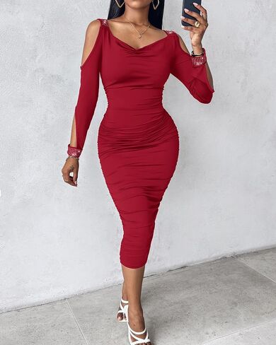 Womens Rhinestone Cold Shoulder Ruched Cowl Neck Bodycon Midi Dress Sexy Elegant Vintage Party Cocktail Club Date Office Wear in Saudi Arabia