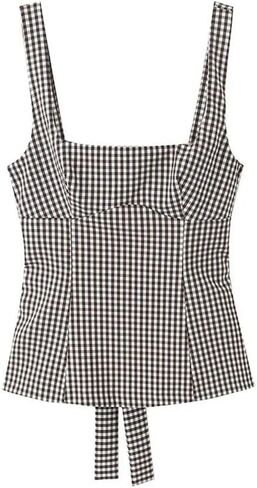 Women with Bow Plaid Backless Side Zipper Vest Vintage Straps Square Collar Tank Tops in Saudi Arabia