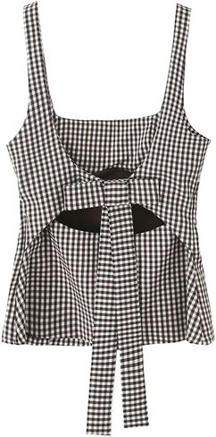 Women with Bow Plaid Backless Side Zipper Vest Vintage Straps Square Collar Tank Tops in Saudi Arabia
