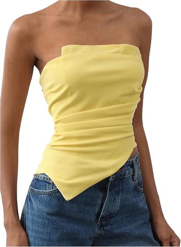 Milumia Women's Ruched Strapless Tube Top Asymmetrical Hem Slim Fitted Summer Tops in Saudi Arabia