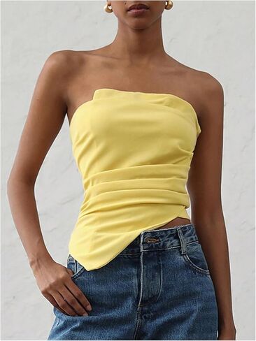 Milumia Women's Ruched Strapless Tube Top Asymmetrical Hem Slim Fitted Summer Tops in Saudi Arabia