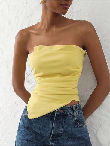 Milumia Women's Ruched Strapless Tube Top Asymmetrical Hem Slim Fitted Summer Tops in Saudi Arabia