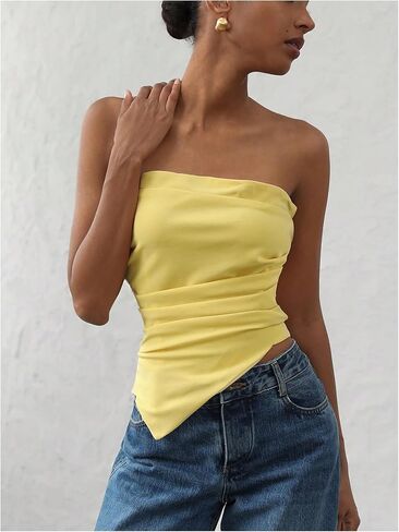 Milumia Women's Ruched Strapless Tube Top Asymmetrical Hem Slim Fitted Summer Tops in Saudi Arabia